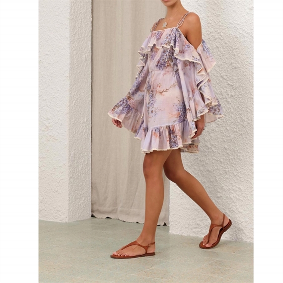 Zimmermann Cascadian Ruffle Mini Kjole, Lilac Botanical Floral Zimmermann Cascadian Ruffle Mini Kjole, Lilac Botanical Floral 